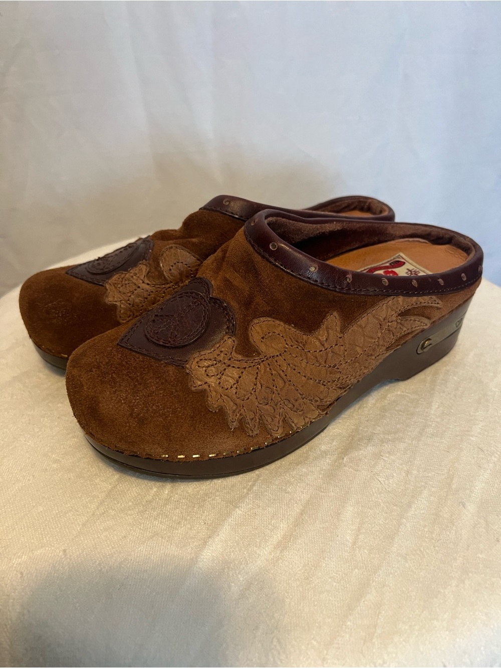 Lucky Brand Brown Suede Embroidered Mule Clogs